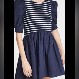English Factory puff sleeve high low knit combo mini dress navy stripe S